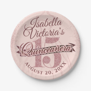 Quinceanera Rose Gold Glitter Sparkle Paper Plate