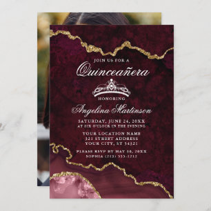 Quinceanera Rose Gold Marble Agate Geode Photo Invitation