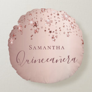 Quinceanera rose gold monogram name sparkle round cushion