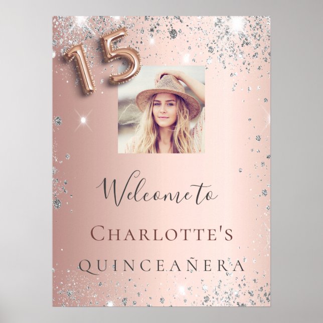 Quinceanera rose gold photo silver glitter welcome poster (Front)