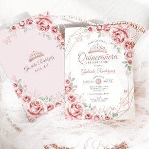 Quinceanera Rose Gold Pink Floral Invitation