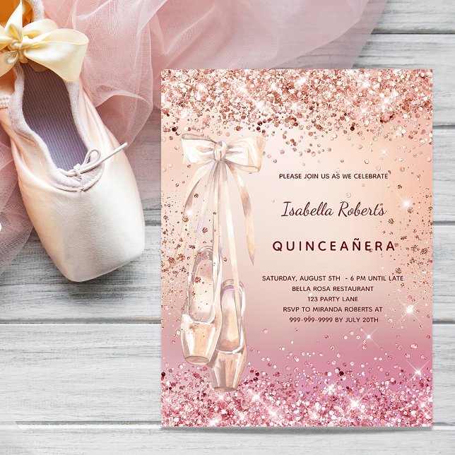 Quinceanera rose gold pink glitter ballerina invitation postcard (Creator Uploaded)