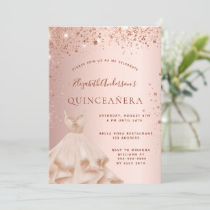 Quinceanera rose gold pink sparkles dress invitation
