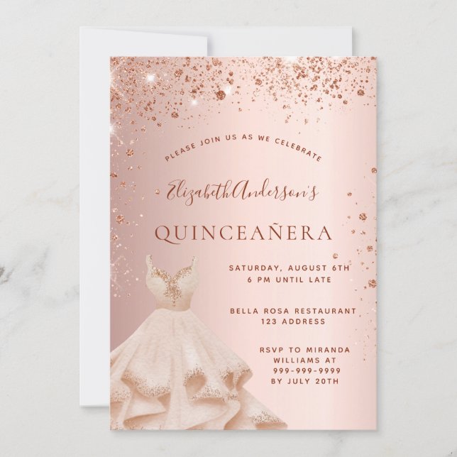 Quinceanera rose gold pink sparkles dress invitation (Front)