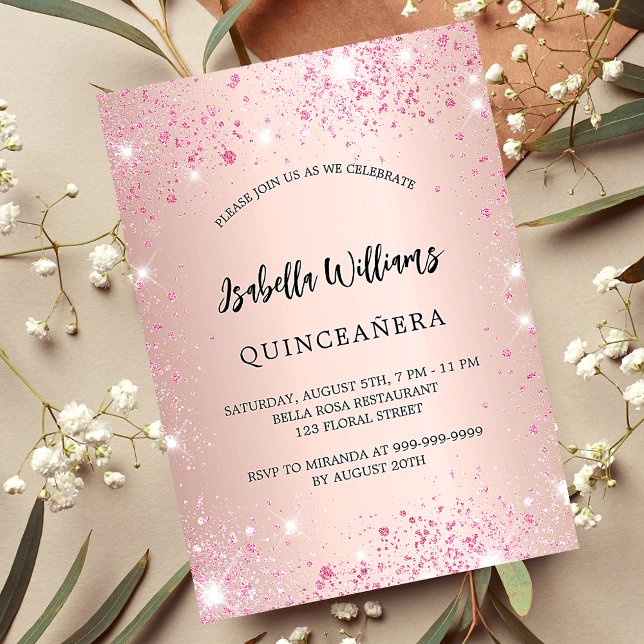 Quinceanera rose gold pink sparkles invitation postcard (Creator Uploaded)