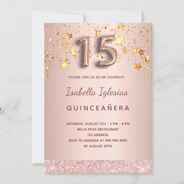 Quinceanera rose gold pink stars balloon script invitation (Front)