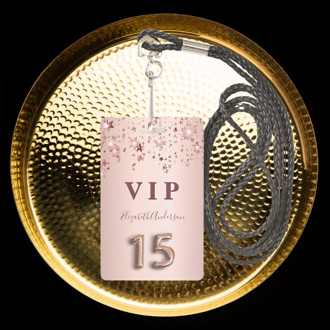 Quinceanera rose gold pink stars party ID badge (Creator Uploaded)