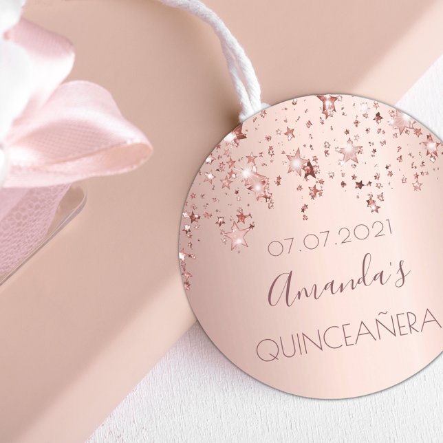 Quinceanera rose gold shiny stars glittery classic round sticker (Creator Uploaded)