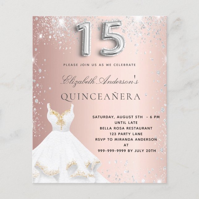 Quinceanera rose gold silver dress invitation (Front)