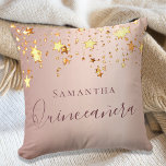 Quinceanera rose gold sparkling stars name cushion<br><div class="desc">A pillow for a Quinceañera,  15th years old girls room. A faux rose gold background with an elegant faux golden sparkling stars. The text: Quinceañera is written in dark rose gold with a large modern hand lettered style script. Tempate for a name.</div>