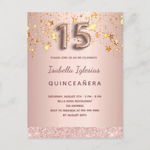 Quinceanera rose gold stars pink balloon script postcard