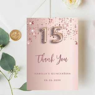 Quinceanera rose gold stars thank you card