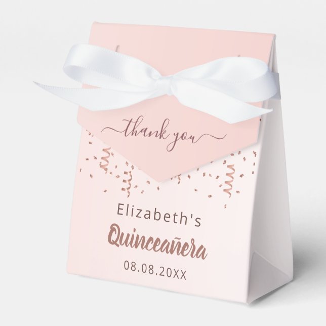 Quinceanera rose gold thank you favour box (Front Side)