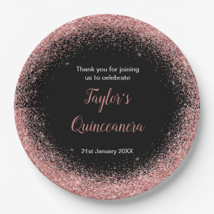 Quinceanera Rose Pink Faux Glitter Birthday Party Paper Plate