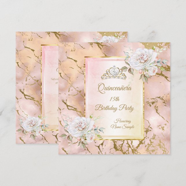 Quinceanera Rose Pink Gold Birthday Party Invite (Front/Back)