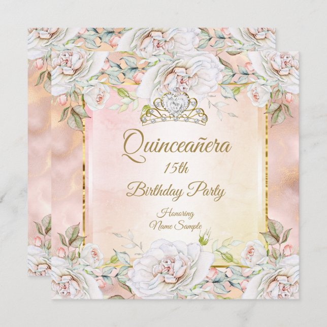 Quinceanera Rose Pink Gold Birthday Party Invite 3 (Front/Back)