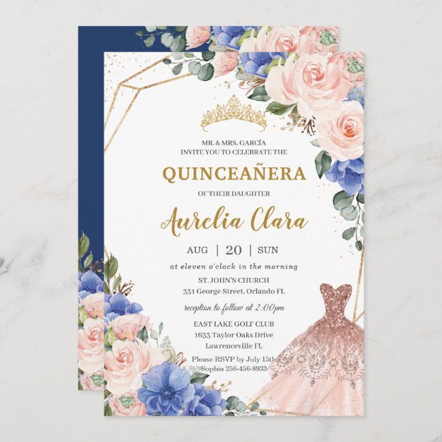 Quinceañera Royal Blue Blush Floral Ball Gown  Invitation (Front/Back)