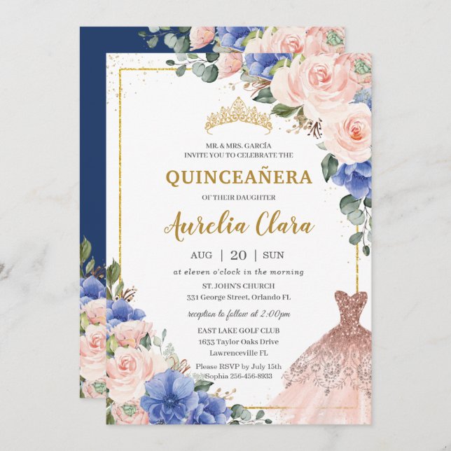 Quinceañera Royal Blue Blush Floral Dress Tiara Invitation (Front/Back)