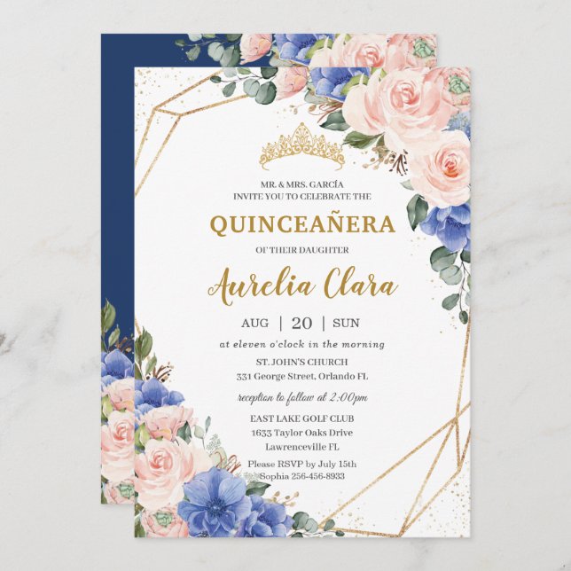 Quinceañera Royal Blue Blush Floral Gold Tiara Invitation (Front/Back)
