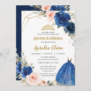Quinceañera Royal Blue Blush Floral Rose Ball Gown Invitation
