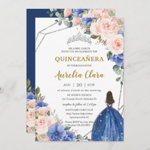 Quinceañera Royal Blue Blush Floral Silver Tiara Invitation