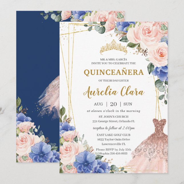 Quinceañera Royal Blue Blush Floral Tiara Dress Invitation (Front/Back)