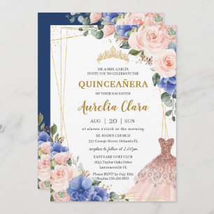 Quinceañera Royal Blue Blush Floral Tiara Dress Invitation