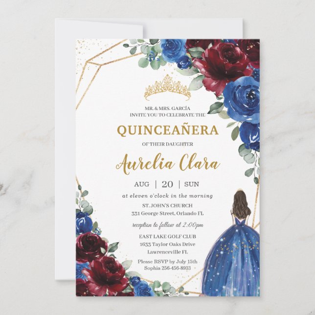 Quinceañera Royal Blue Burgundy Floral Princess Invitation (Front)