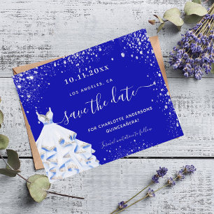 Quinceanera royal blue dress save the date card