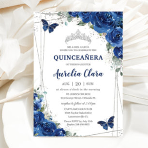 Quinceañera Royal Blue Floral Butterflies Birthday Invitation