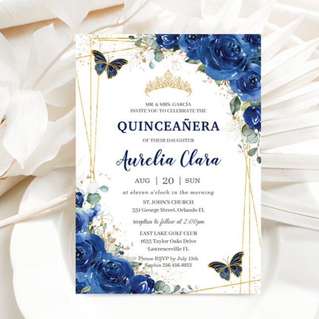 Quinceañera Royal Blue Floral Butterflies Birthday Invitation (Creator Uploaded)