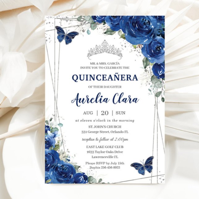 Quinceañera Royal Blue Floral Butterflies Birthday Invitation (Creator Uploaded)