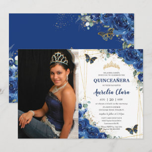 Quinceañera Royal Blue Floral Butterflies Birthday Invitation