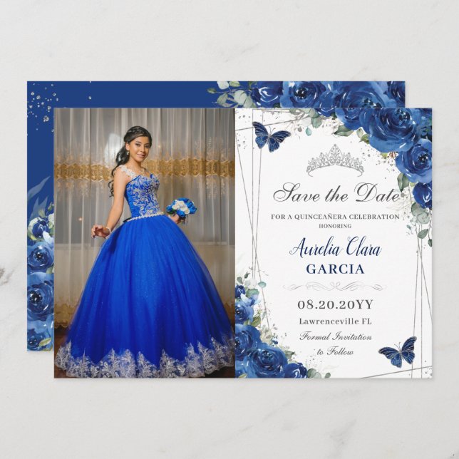 Quinceañera Royal Blue Floral Butterflies Birthday Save The Date (Front/Back)