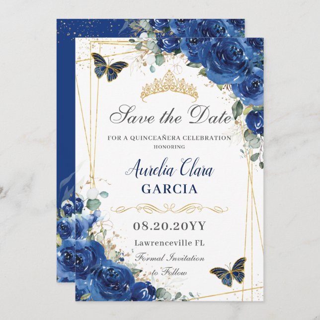Quinceañera Royal Blue Floral Butterflies Birthday Save The Date (Front/Back)