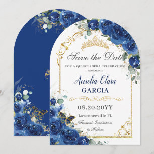 Quinceañera Royal Blue Floral Butterflies Birthday Save The Date