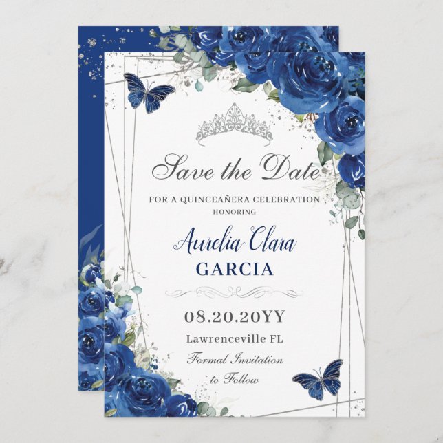 Quinceañera Royal Blue Floral Butterflies Birthday Save The Date (Front/Back)