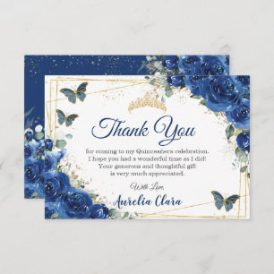 Quinceañera Royal Blue Floral Butterflies Birthday Thank You Card