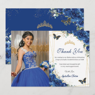 Quinceañera Royal Blue Floral Butterflies Birthday Thank You Card