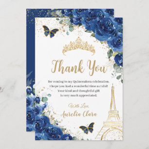 Quinceañera Royal Blue Floral Eiffel 16th Birthday Thank You Card