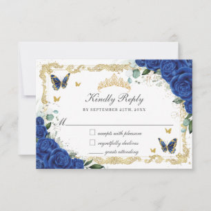 Quinceañera Royal Blue Floral Gold Butterflies RSVP Card