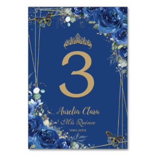Quinceañera Royal Blue Floral Gold Butterflies Table Number