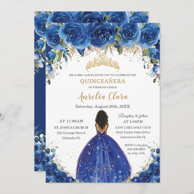Quinceañera Royal Blue Floral Princess Birthday 16 Invitation (Front/Back)