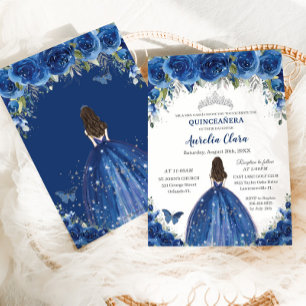 Quinceañera Royal Blue Floral Princess Birthday Invitation