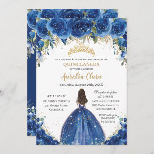 Quinceañera Royal Blue Floral Princess Birthday Invitation