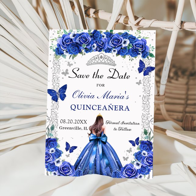 Quinceañera Royal Blue Floral Princess Butterflies Save The Date (Creator Uploaded)
