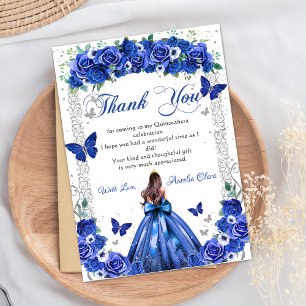Quinceañera Royal Blue Floral Princess Butterflies Thank You Card