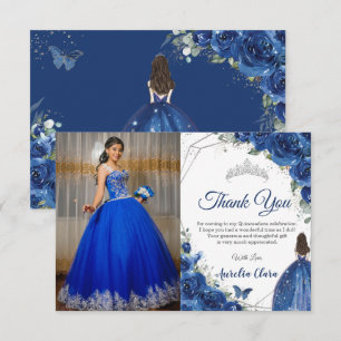 Quinceañera Royal Blue Floral Princess Picture Thank You Card