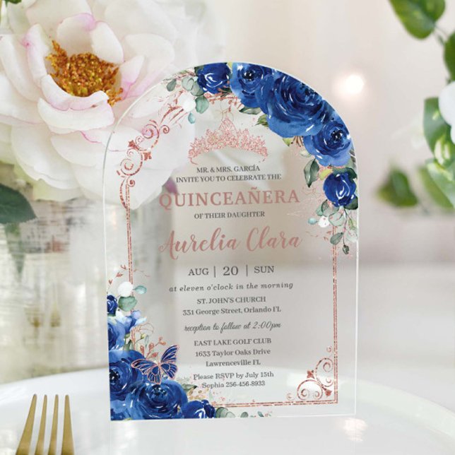 Quinceañera Royal Blue Floral Rose Gold 16th Arch Acrylic Invitations (Creator Uploaded)