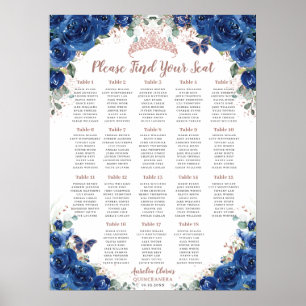 Quinceañera Royal Blue Floral Rose Gold Seating Poster